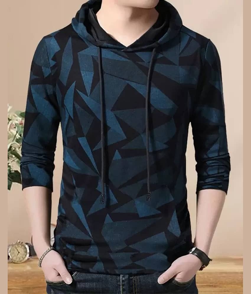 Try This Cotton Blend Regular Fit Printed Full Sleeves Men's Hooded T-Shirt - Black ( Pack of 1 )