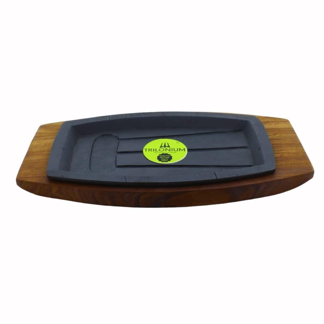 TRILONIUM Cast Iron Continental Sizzler Platter Plate | Pre-Seasoned | 29cms X 17cms | Rectangular | with Wooden Holder