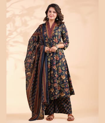 Vbuyz Cotton Printed Kurti With Palazzo Women's Stitched Salwar Suit - Blue ( Pack of 1 )