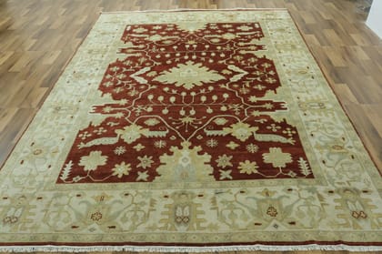 Hand-Knotted Rust & Beige Oushak Wool Rug – Turkish Vintage Carpet (9x12 ft)