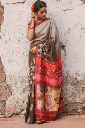 Pretty Gray Color Linen Digital Printed Saree