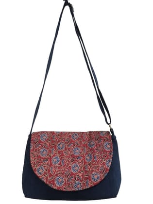 Floral Print Cotton Sling Bag (Navy Blue & Red) | Compact & Stylish | Casual