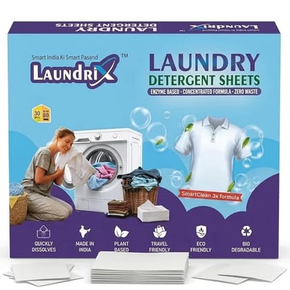 Laundrix™ Laundry Detergent Sheets | Powerful Stain Removal | Eco-Friendly, Pre-Measured, Travel Friendly | Dissolves in Hot & Cold Water | For Top & Front Load Washing Machine | Biodegradable (30 SHEET (UP TO 60 WASH))
