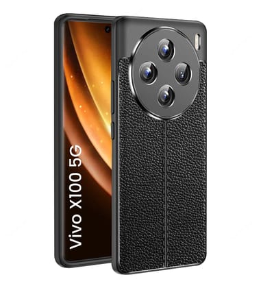 Vegan Leather Rugged Flexible TPU Series Shockproof Armor Back Cover for Vivo X100 5G, 6.78 inch, Black
