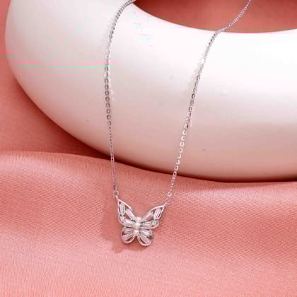 Sterling Silver Pearl Encrusted Butterfly Necklace-White Stone / Silver