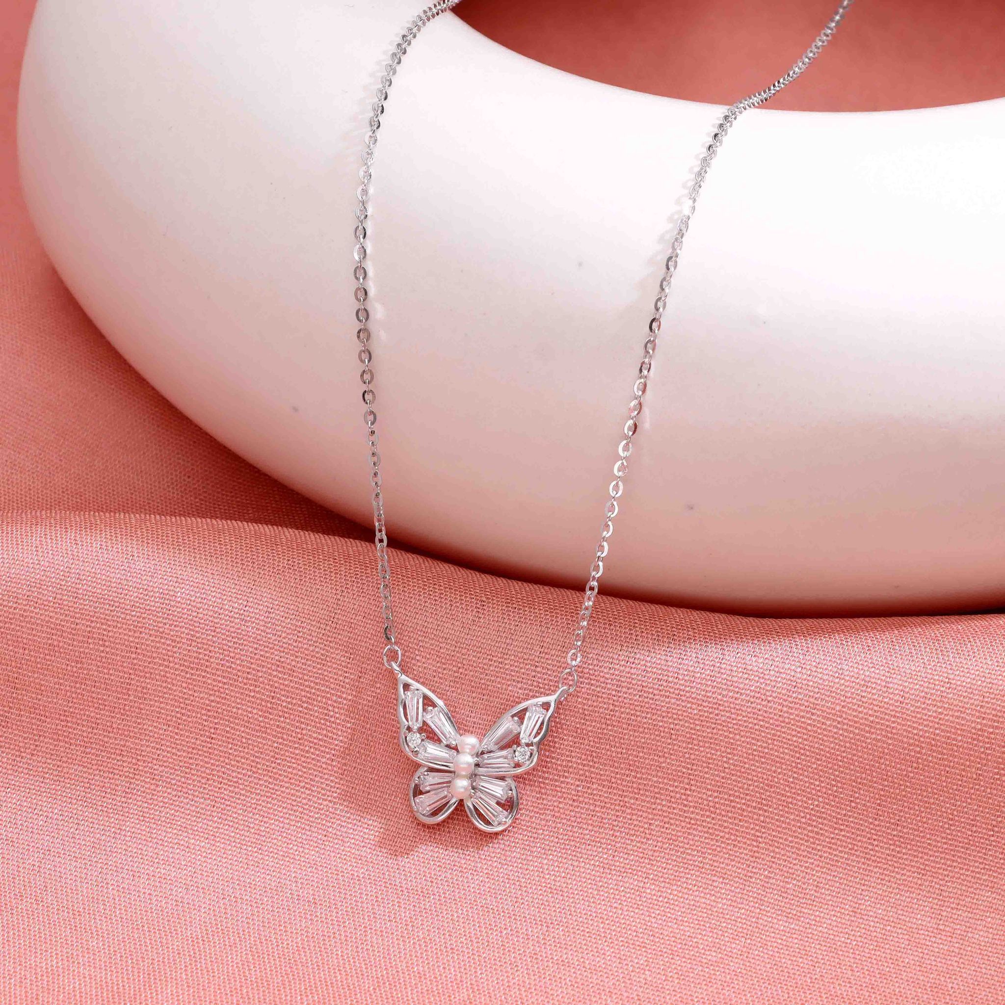 Sterling Silver Pearl Encrusted Butterfly Necklace-White Stone / Silver