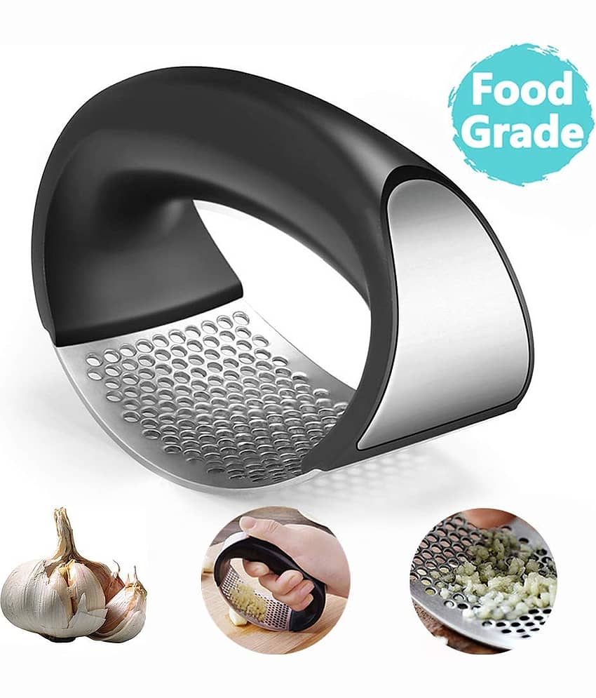 CORAL TREE Durable 304 Stainless Steel and Plastic Portable Garlic Crusher Ginger Mincer Squeezer Press Rocker Kitchen Chopper with Handle (3.94x2.7-Inches, Black)