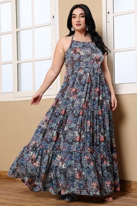 Blue Floral Printed Layered Maxi Dress-L / Blue