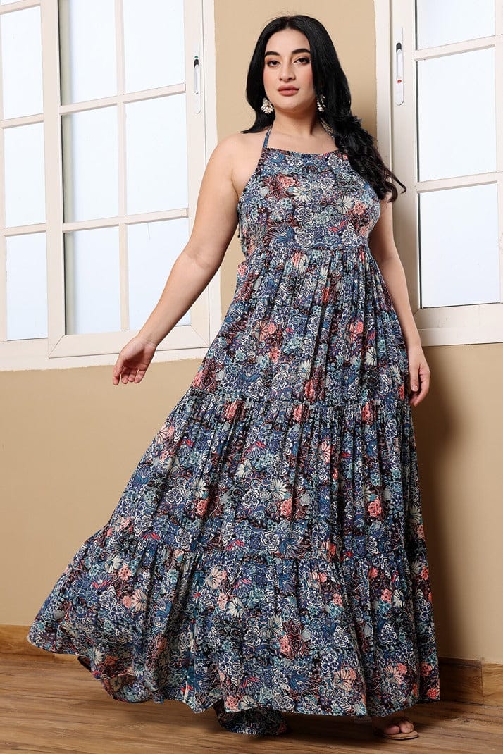 Blue Floral Printed Layered Maxi Dress-L / Blue