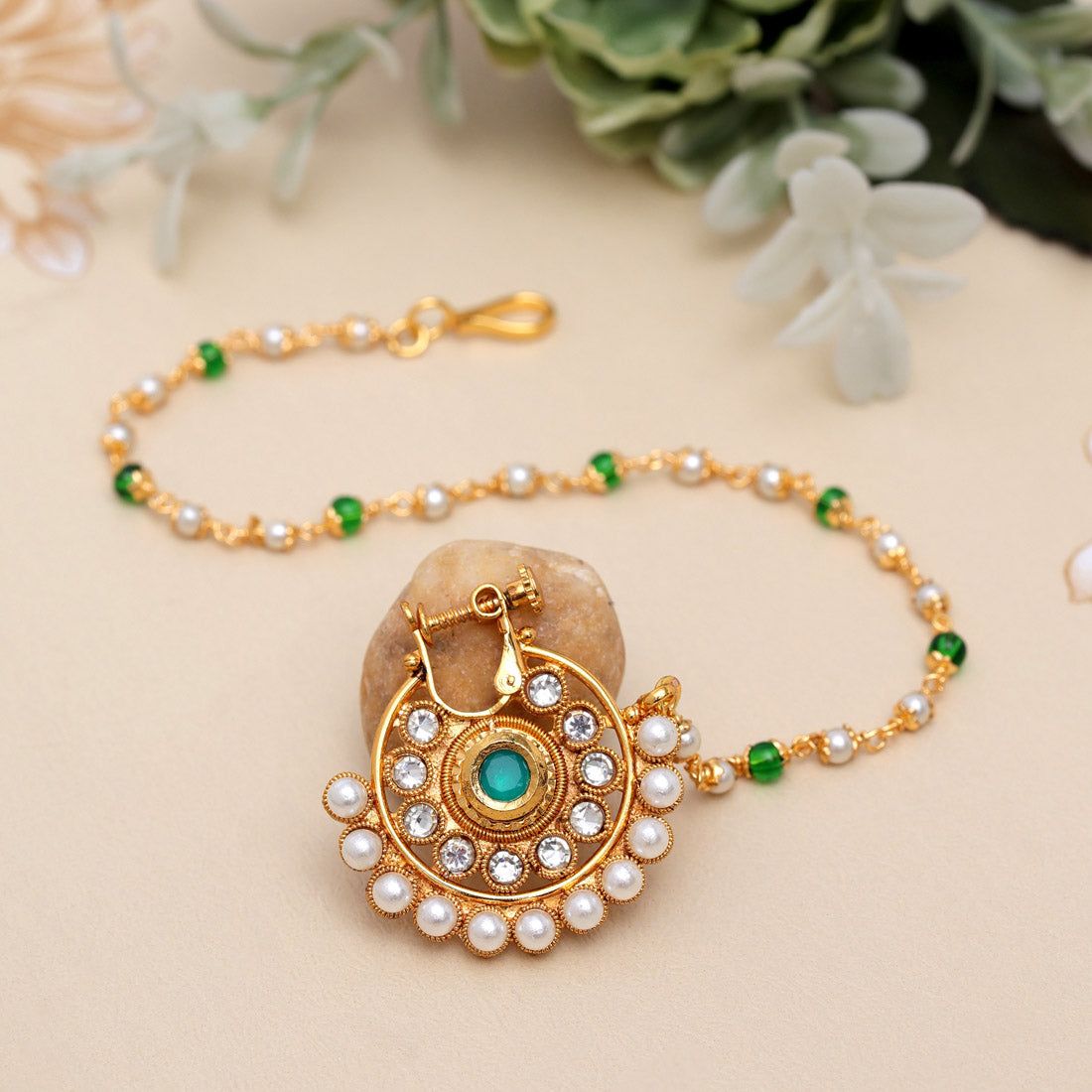 Green Color Nose Nath (NTH347GRN)-Length: 22.00 CM x Width: 0.20 CM / Maroon / Alloy With Good Quality Gold Plated