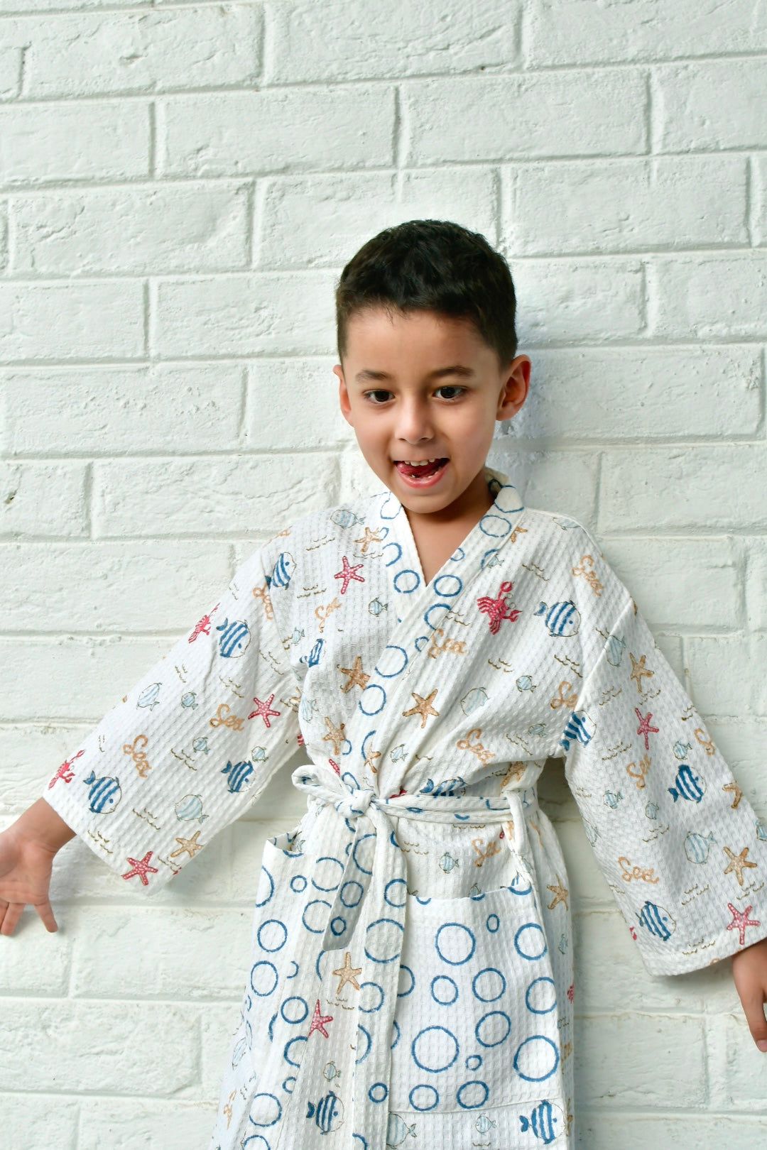 Kids HandBlock Premium Waffle Cotton Bathrobe Sea World Pattern Large (6-8 years)