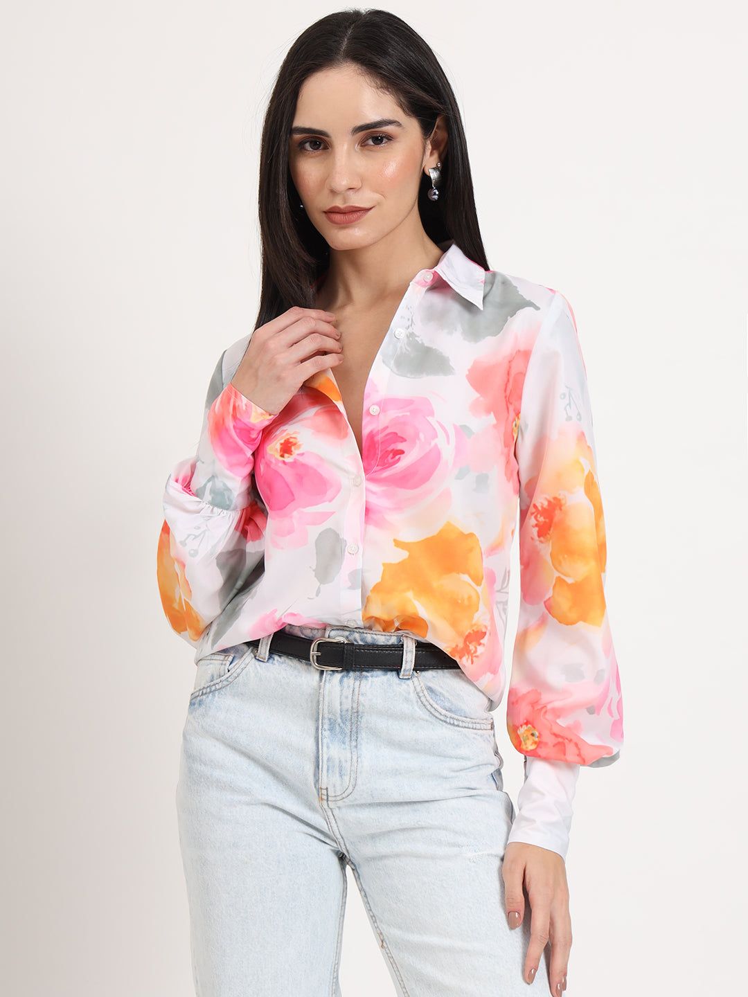 Women'S Premium Micro Multicolour Regular Length Straight Hem Digital Print Shirt-M