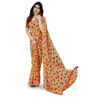 SVB Sarees Womens Peach Colour Animal Printed Georgette Saree With Blouse Piece