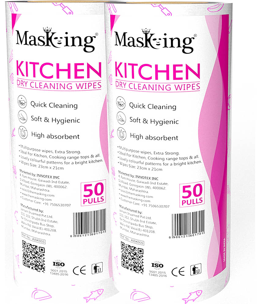 Masking Non-Woven Reusable & Washable Multi Surface Cleaner Wipes Kitchen Dry Roll 23x21cm, 160 Pulls Pink 358 g Pack of 2