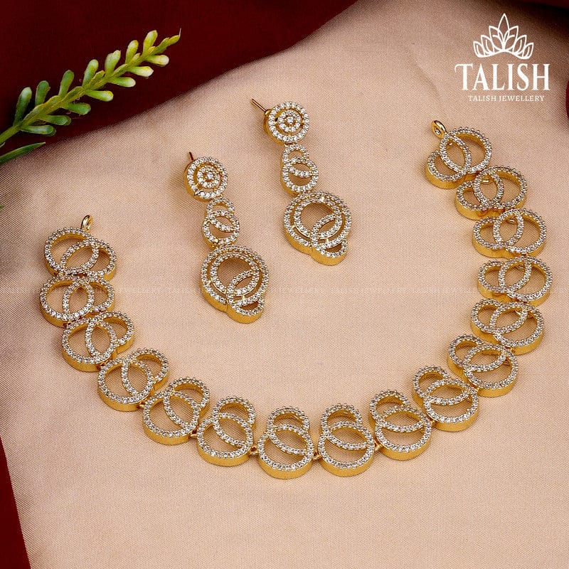 Gold-Plated Spiral Design Necklace Set with American Diamond Stones