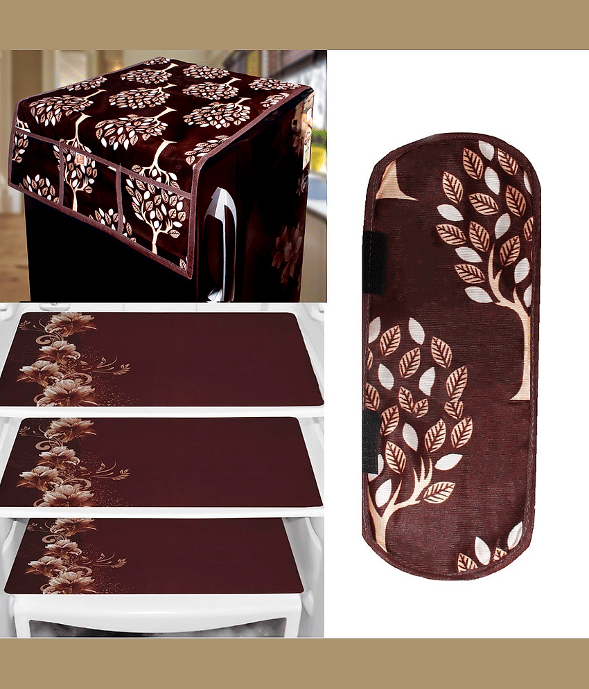 Crosmo Polyester Floral Printed Fridge Mat & Cover ( 64 18 ) Pack of 5 - Brown