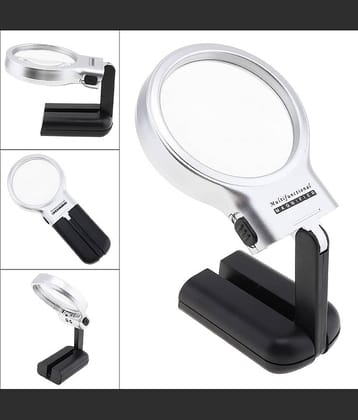 SHB 3X 2.44" Magnifier with 2 Built-in LED Lghts, Adjustable Angle Multifunctional Portable Plastic Optical Magnifying Glass for Reading, Hands Free Magnifying Glass with LED Light Stand