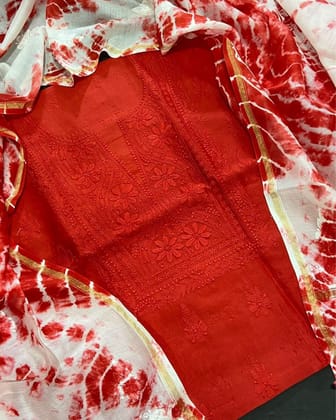 Chikankari Pure Chanderi Silk Dreamy Red Kurta & Dupatta