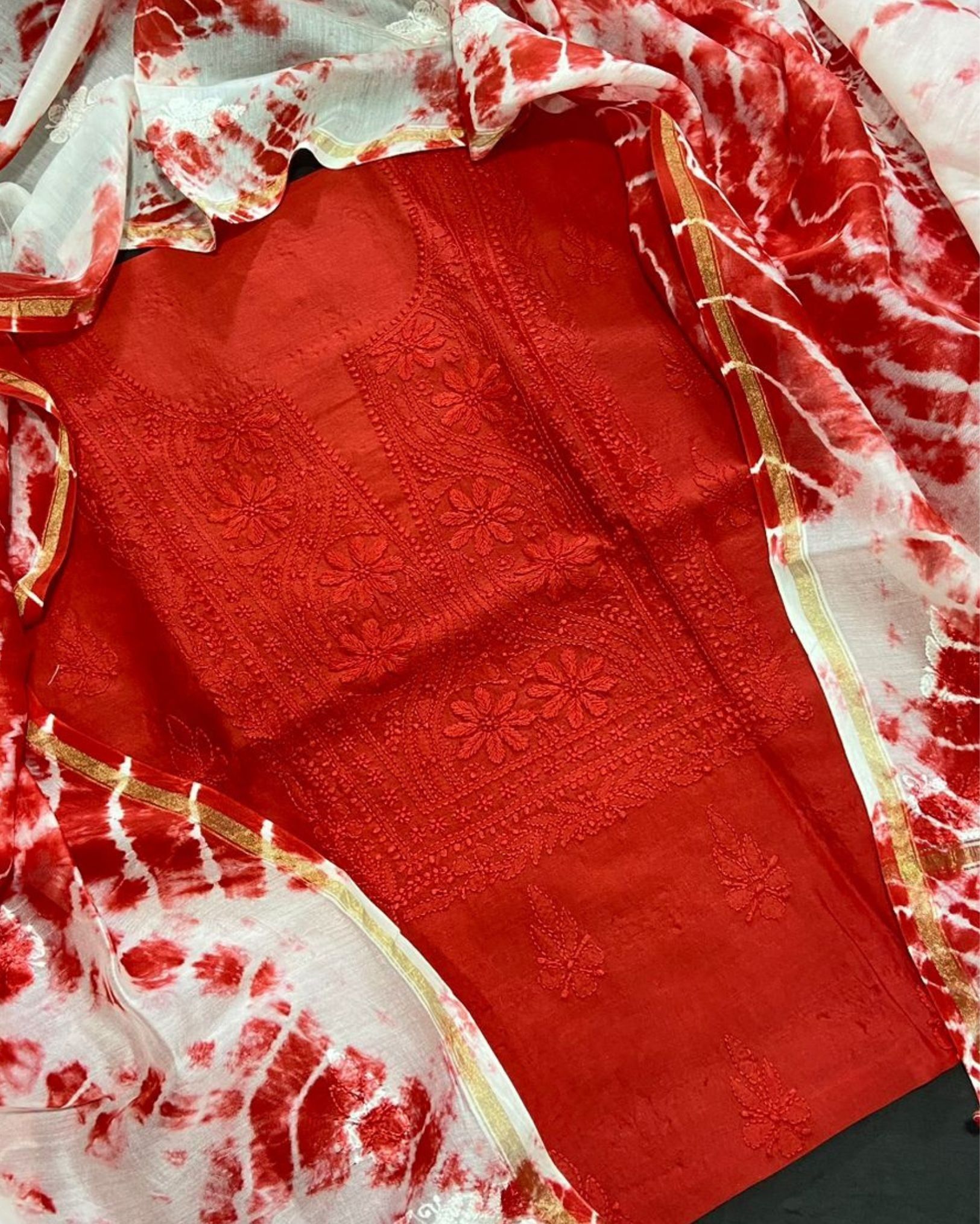 Chikankari Pure Chanderi Silk Dreamy Red Kurta & Dupatta