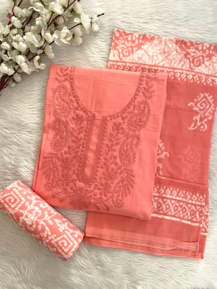 Soft Cotton Lakhnavi Thread Embroidery Work Batik Dress Material (Unstitched)-Unstitched / Pink