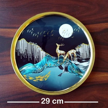 Crystal Wallart Deer Scenery 29 x 29 cm round shaped crystal wall art painting with golden frame B