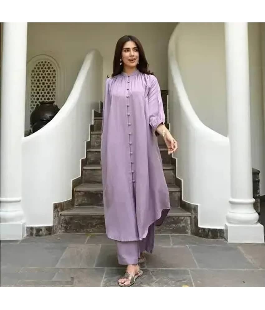 ETZIN Women Rayon Solid Flared Kurti With Pants ( Purple )