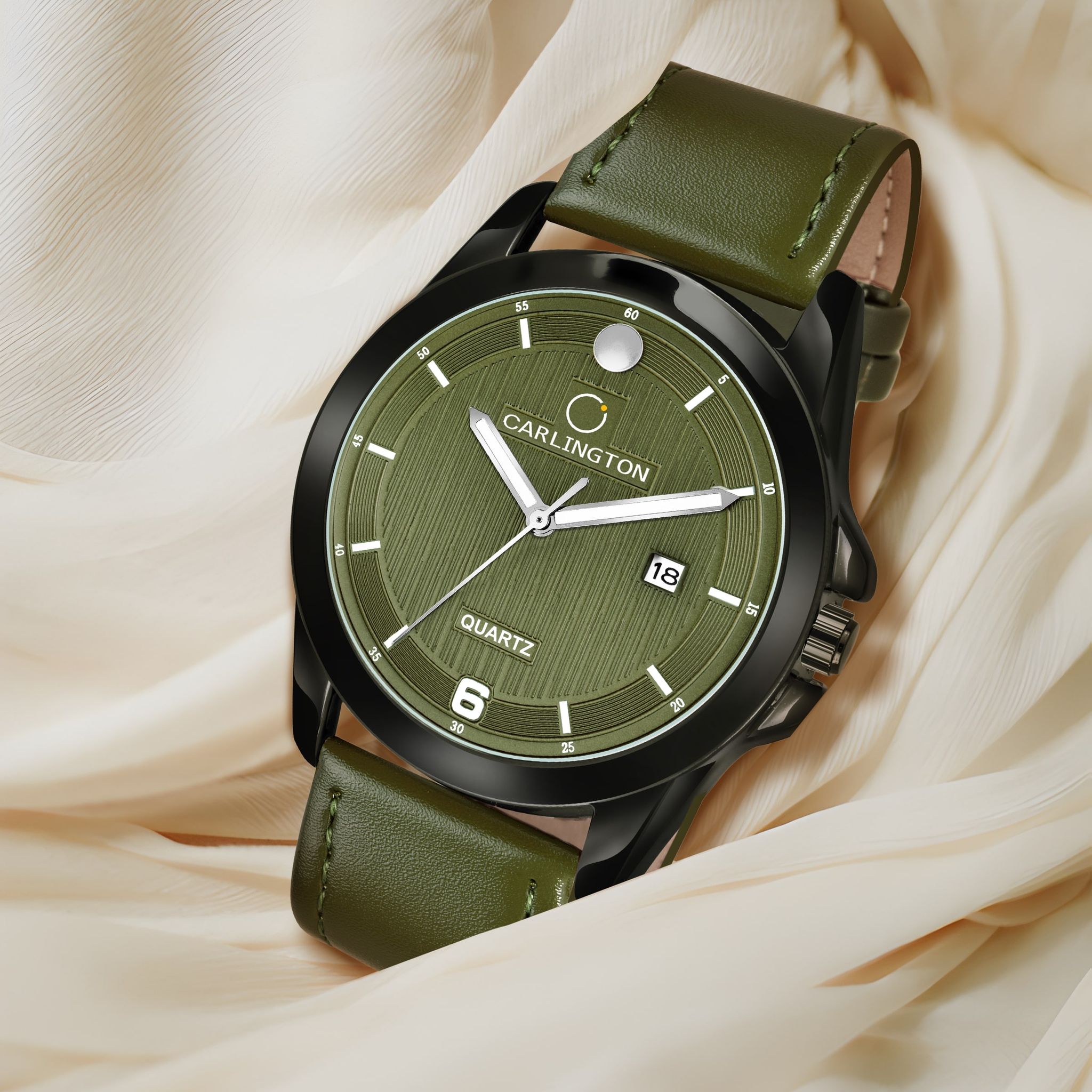 Carlington Elite Gents Water Resistant Genuine Leather Strap With Date Display-Green