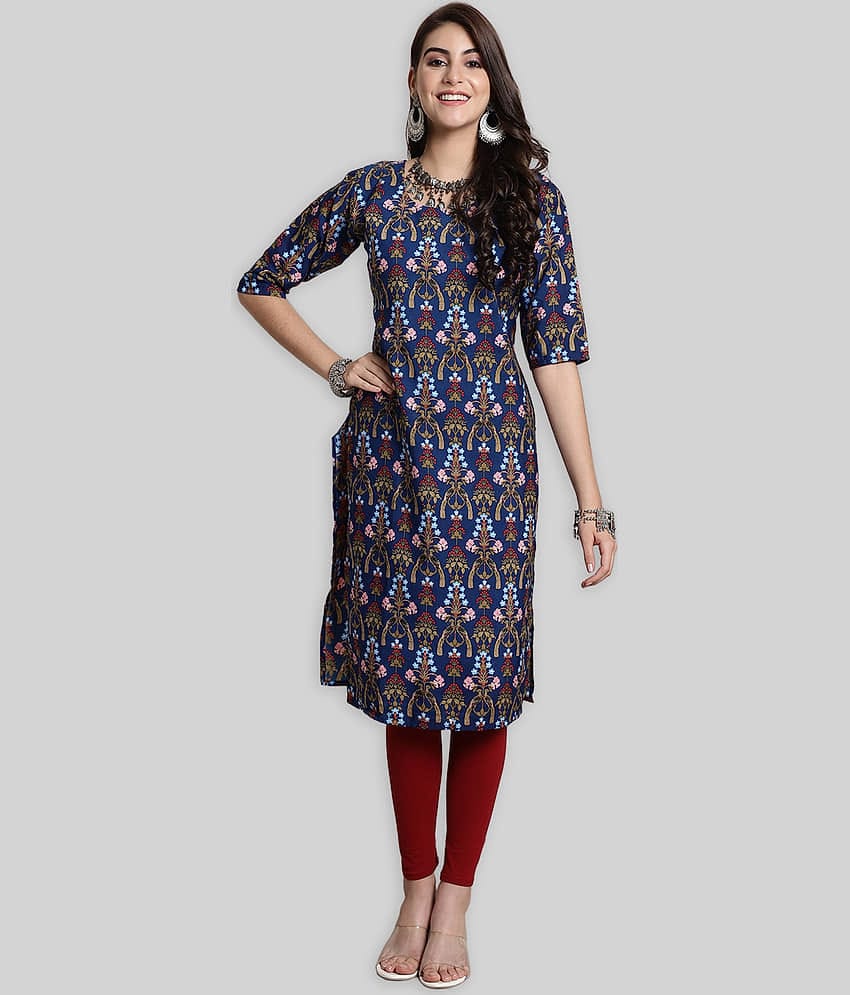 7Threads Crepe Printed Straight Women's Kurti - Blue ( Pack of 1 )