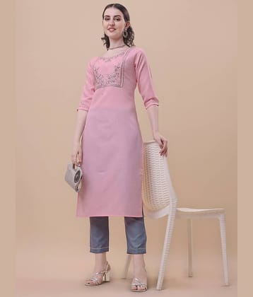 TRAHIMAM Cotton Blend Embroidered Kurti With Pants Women's Stitched Salwar Suit - Pink ( Pack of 1 )
