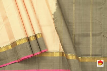 Off White And Grey Kanchipuram Silk Saree Handwoven Pure Silk Light Weight With Medium Border Casual Wear PV KNN 153