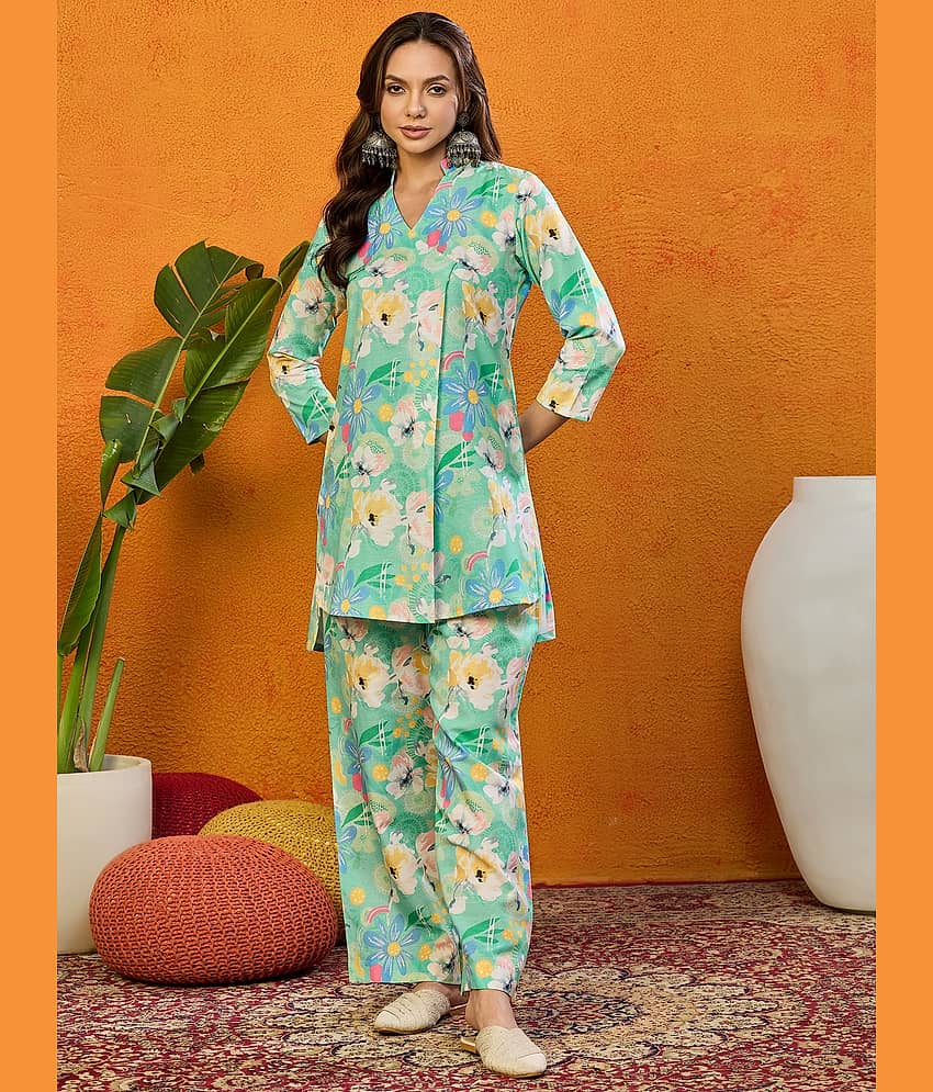 Vaamsi Women Printed Top With Trousers Co-Ord Set ( Green )