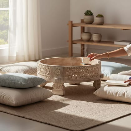BAANMATA INTERNATIONAL Handicraft Distressed Round Coffee-Table Cum Chapati Storage-Bowl,Wooden Carved Grinder-Table Cum Moon-Table,Home-Living Multipurpose Showpiece Chakki-Table