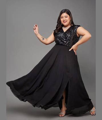 Miss Chase A+ Women Georgette Embellished Fit & Flare Dress ( Black )