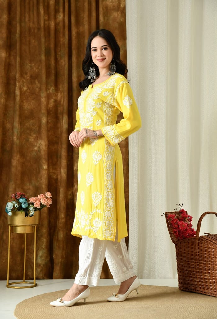 Sunshine Yellow Modal Hand-Embroidered Chikankari Kurta with Elegant White Floral Design