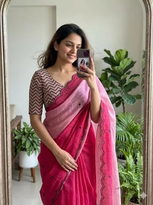 Launching new Soft Linen cotton Digital printed saree with aari work  & foil mirror work with aariwork cut work border