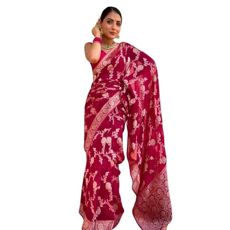 Women's Silk Printed Saree With Unstitched Blouse 5.5Mtr (Pink)-PID60245