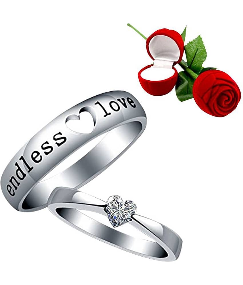 Silver Shine Silver Plated Adjustable Couple Ring with 1 Piece Red Rose Gift Box for Men and Women