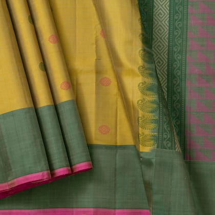 Sampangi Yellow And Green Kanchipuram Silk Saree Without Zari For Office Wear PV KNN 301
