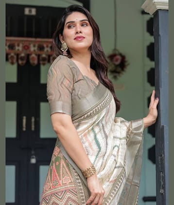 Almaari Fashion Linen Printed Saree With Unstitched Blouse Piece ( Multicolor )