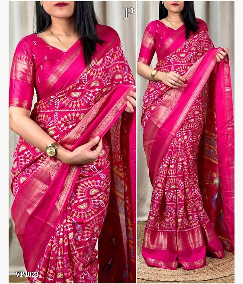 Bhuwal Fashion Art Silk Printed Saree With Unstitched Blouse Piece ( Red )