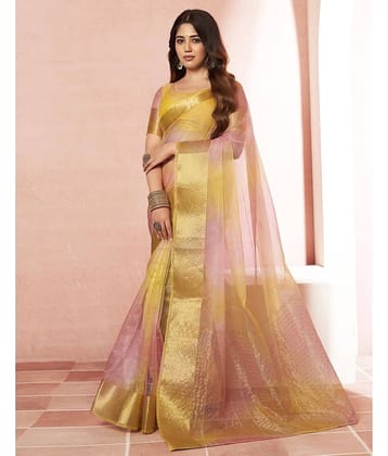 Satrani Organza Printed Saree With Unstitched Blouse Piece ( Yellow )