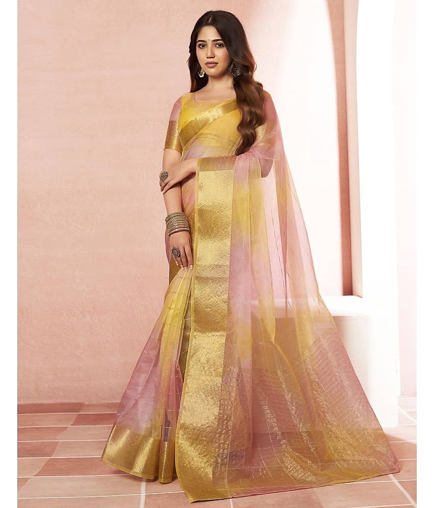 Satrani Organza Printed Saree With Unstitched Blouse Piece ( Yellow )