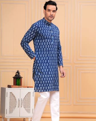 Royal Reflection BlockPrinted Cotton Kurta Pyjama Royal Blue-Kurta and Pyjama / S (36)