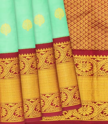 Aquamarine Silk Saree With Floral Buttas & Contrast Crimson Border-Aquamarine-Aquamarine