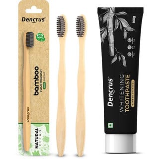 (Pack of 3) DENCRUS Charcoal Toothpaste + 2 Bamboo Toothbrush Set Natural Whitening & Detox Oral Care Kit