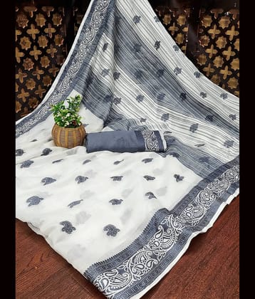 IndShopMart Cotton Silk Printed Saree With Unstitched Blouse Piece ( White )