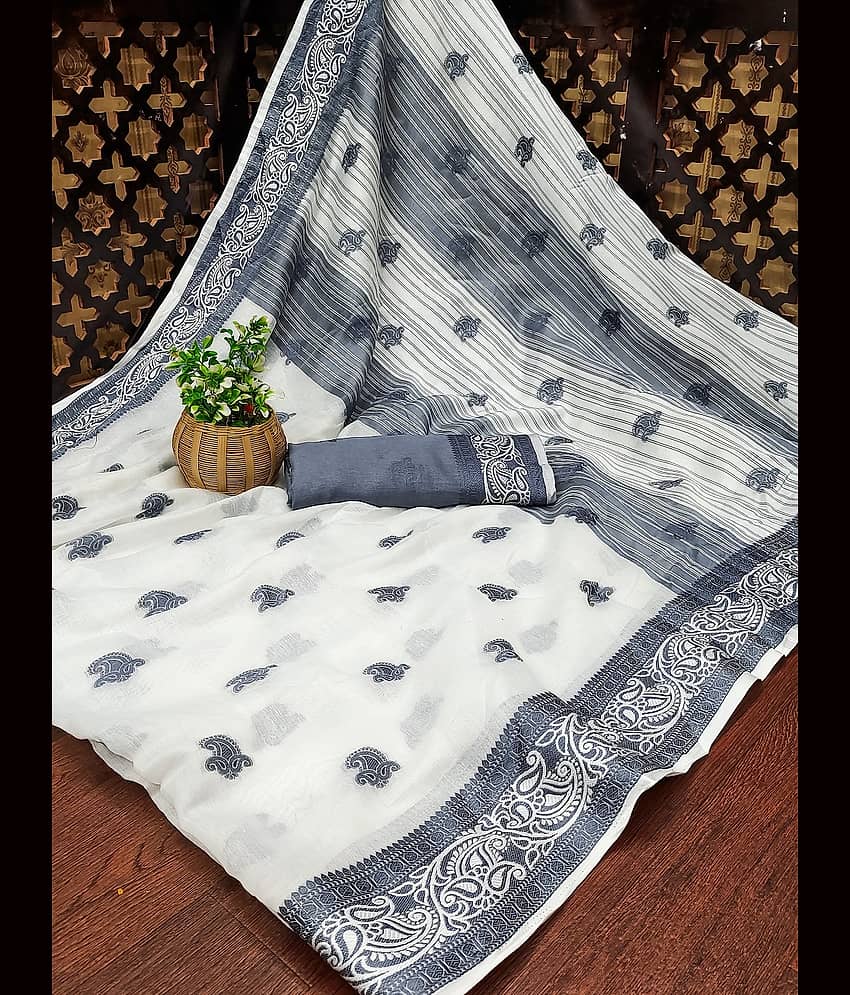 IndShopMart Cotton Silk Printed Saree With Unstitched Blouse Piece ( White )