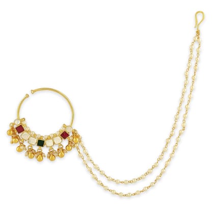 Copper Handcrafted Jadau Kundan and Pearl Nose Ring with Cha