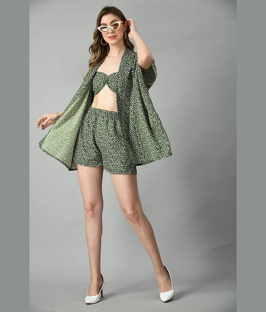 COOL AND CASUAL Women Printed Top With Shorts Co-Ord Set ( Green )