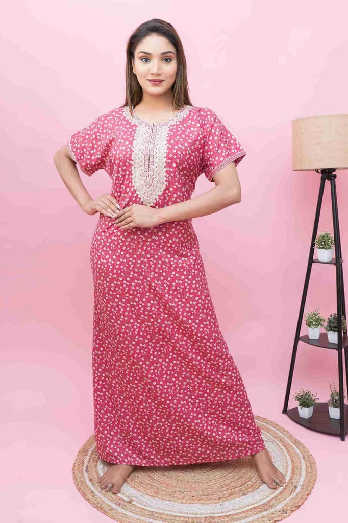 Affordable Women Designer Embroidery Nighty | A-Line Cut | Alpine Fabric | Right Pocket 2025 at 